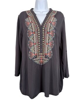 Luna Moon Embroidered Boho Tunic Top Black Rayon XL Peasant Blouse